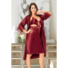 Faal 2617 Kadın Dantel Detaylı Saten Ip Askılı Midi Gecelik Sabahlık Takım-Bordo
