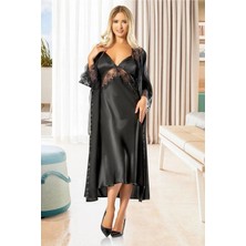 Faal 2608 Kadın Dantel Detaylı Saten Ip Askılı Uzun Gecelik Sabahlık Takım-Siyah
