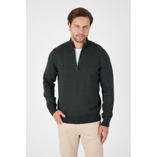 Hateko Haki Pamuk Yarım Fermuarlı Dik Yaka Triko Kazak