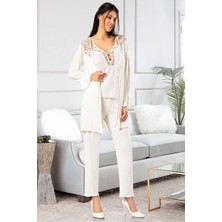 Faal 8903 Kadın Sabahlıklı Pijama Takımı-Ekru