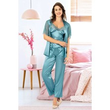Faal 4909 Kadın Dantel Detaylı Saten Sabahlıklı Ip Askılı Pijama Takım-Mavi