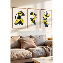 3 Parça Siyah ve Sarının Soyut Dansı Temalı Ahşap Çerçeve Görünümlü Mdf Tablo Seti