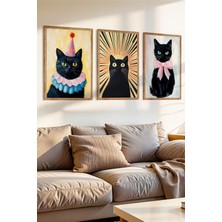 3 Parça Siyah Kedi Temalı Ahşap Çerçeve Görünümlü Mdf Tablo Seti