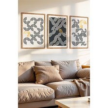 3 Parça Geometrik Akış Temalı Ahşap Çerçeve Görünümlü Mdf Tablo Seti