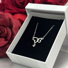 Pembe Taşlı Kelebek Kalp Kadın Kolyesi 925 Ayar Gümüş Zincirli Rodyumlu Zirkon Taşlı