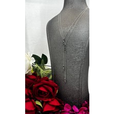 Siyah Taşlı Ikili Kravat Kadın Kolyesi 925 Ayar Gümüş Rodyumlu