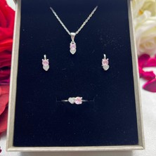 Pembe Kalp ve Tektaş Kadın 3'lü Set 925 Ayar Gümüş Zirkon Rodyumlu Taşlı