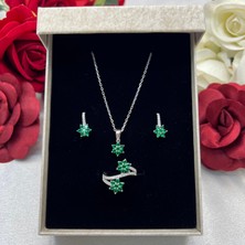 Zümrüt Yeşili Çiçek Kadın 3'lü Seti 925 Ayar Gümüş Rodyumlu Zirkon Taşlı