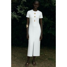 Ottoman Kumaş Kısa Kollu Yırtmaç Detaylı Midi elbise