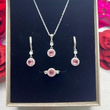 Pembe Yuvarlak Taşlı Kadın 3'lü Set 925 Ayar Gümüş Zirkon Taşlı