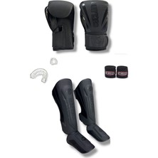 Cyclone Profesyonel 12OZ Deri Boks Eldiveni ve Mat Deri Kaval Koruyucu Siyah Cırt Bantlı Konforlu Set