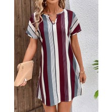 Kadın Kısa Kollu V Yakalı Çizgi Baskılı Süprem Elbise L-Xl-Bordo
