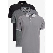 Altınyıldız Classics Erkek Siyah-Açık Siyah-Gri 3'lü Çekmeyen Pamuklu Slim Fit Dar Kesim Kıvrılmaz Polo Yaka Tişört