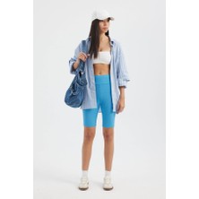 Hiccup Kadın Yüksek Bel Nervürlü Bisiklet Şort Gök Mavisi