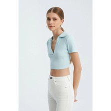 Hiccup Kadınlar V Yakalı Polo Crop Top Mavi