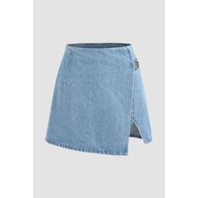 Hiccup Kadınlar Yüksek Bel Denim Şort Etek Maya Mavisi