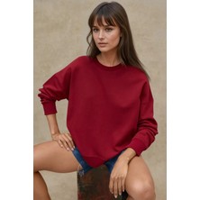 Hiccup Kadınlar Oversize Bisiklet Yaka Basic Sweatshirt Bordo Kırmızı