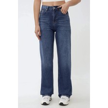 Hiccup Kadınlar Yüksek Bel Straight Kot Pantolon Orta Mavi Denim