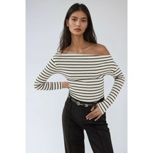 Hiccup Kadın Kayık Yaka Esnek Çizgili Fitted Bluz Tozlu Beyaz