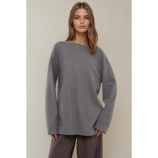 Hiccup Kadınlar Bisiklet Yaka Uzun Kol Waffle Sweatshirt Gri