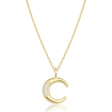 14 Ayar Altın Taşlı Yarım Ay Kolye
