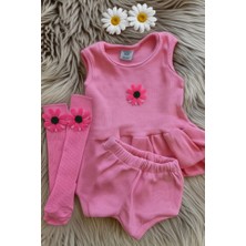 Pembe Ribana Bebek-Çocuk Şort Bluz Bandana Çiçek Keçeli Çorap Set 6-36 Ay