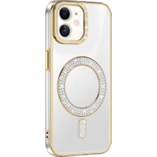 Apple iPhone 11 Kılıf Pırlanta Taş Magsafe  Şarj Özellikli Şık Karetta Silikon Kapak