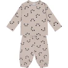 Antebies Bambu Bej Panda Desenli Beli Lastikli Bağcıklı Uzun Kollu Erkek Kız Bebek Tshirt Eşofman Takımı