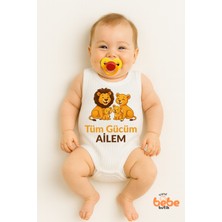 “tüm Gücüm Ailem” Yazılı Aslan Aile Baskılı Bebek Zıbın Body %100 Pamuklu Çıtçıtlı Atlet Tulum Body