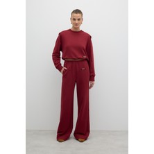 Nakış Detaylı Beli Lastikli Geniş Paça Pantolon Bordo K2622003_008