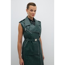 Çıkarılabilir Kemer ve Çıtçıt Detaylı Kruvaze Yelek Yeşil K2617011_012