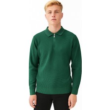 Erkek Tam Kalıp Düz Renk Polo Yaka Fermuarlı Uzun Kollu Triko Kazak - LP903