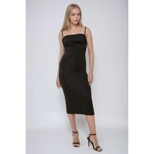 Hiccup Kadın Degaje Yaka Bodycon Midi Elbise Siyah
