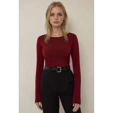 Hiccup Kadın Kayık Yaka Uzun Kollu Slim Fit Top Bordo Kırmızı