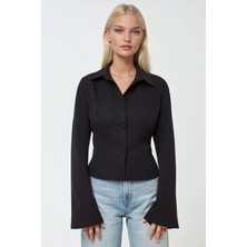 Hiccup Kadın Fitted Uzun Kollu Pamuklu Gömlek Siyah