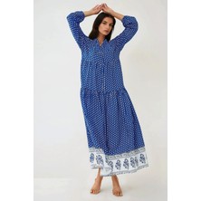 Hiccup Kadın Desenli V Yaka Modest Elbise Fas Mavisi