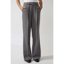 Hiccup Kadın Pileli Çizgili Düz Paça Pantolon Gri