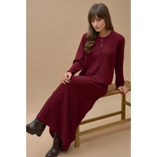 Hiccup Kadın Düğmeli Hırka ve Kloş Etekli Triko Takım Bordo Kırmızı