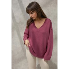 Hiccup Kadın Kalın Örme V-Yaka Kazak Leylak Moru