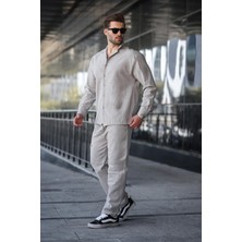 Boyalı Gri Rahat Kesim Erkek Keten Gömlek Pantolon Takım E7327