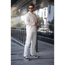 Beyaz Rahat Kesim Erkek Keten Gömlek Pantolon Takım E7327