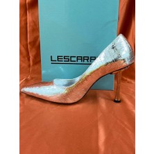 Lescarpe LES010 Gümüş Desenli Rugan Sivri Burun Kadın Topuklu Ayakkabı Stiletto