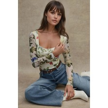 Hiccup Kadın Kalp Yaka Baskılı Uzun Kollu Üst Çok Renkli