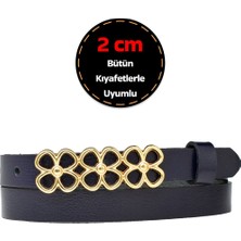 %100 Hakiki Deri, Gold Renk Tokalı Ince 2 cm Lacivert Kadın Kemeri; Elbise, Pantolon KEMERI_3LÜÇİÇEK