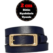 %100 Hakiki Deri, Gold Renk Tokalı Ince 2 cm Lacivert Kadın Kemeri; Elbise, Pantolon Kemeri_dikd