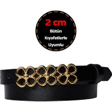 %100 Hakiki Deri, Gold Renk Tokalı Ince 2 cm Siyah Kadın Kemeri; Elbise, Pantolon KEMERI_3LÜÇİÇEK