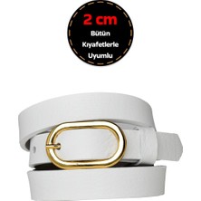 %100 Hakiki Deri, Gold Renk Tokalı Ince 2 cm Süt Beyaz Kadın Kemeri; Elbise, Pantolon KEMERI_2OVAL