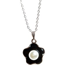 Siyah Çiçek Figür Incili Kolye