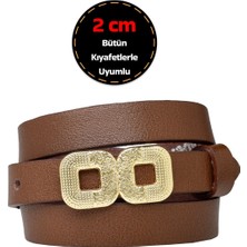 %100 Hakiki Deri, Gold Renk Tokalı 2 cm Açık Kahverengi Kadın Kemeri; Elbise, Pantolon Kemeri_gözka