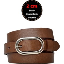 %100 Hakiki Deri, Gümüş Tokalı Ince 2 cm Açık Kahverengi Kadın Kemeri; Elbise, Pantolon Kemeri_oval